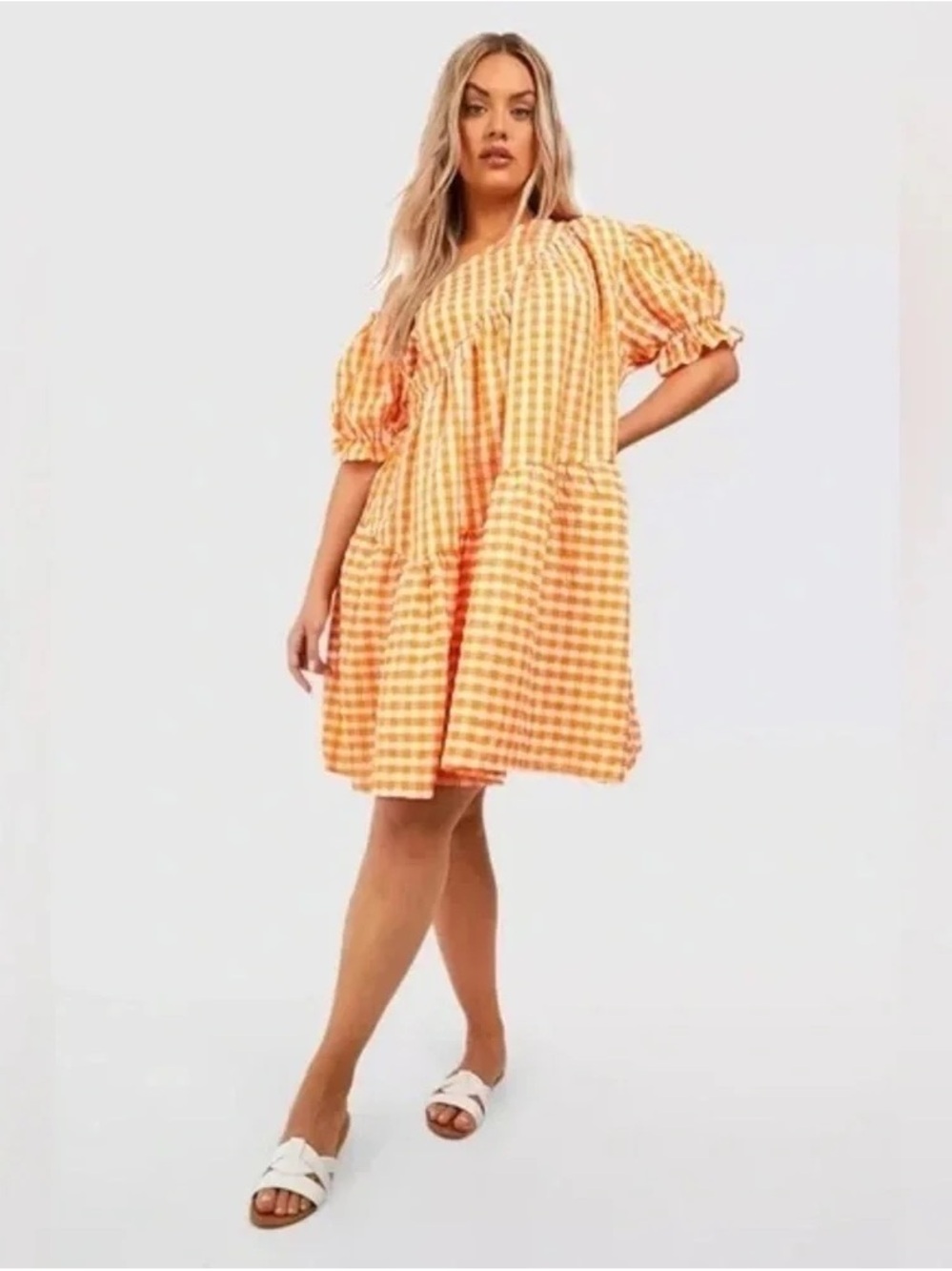 Boohoo | PLUS GINGHAM TEXTURED TIERED SMOCK DRESS ORANGE